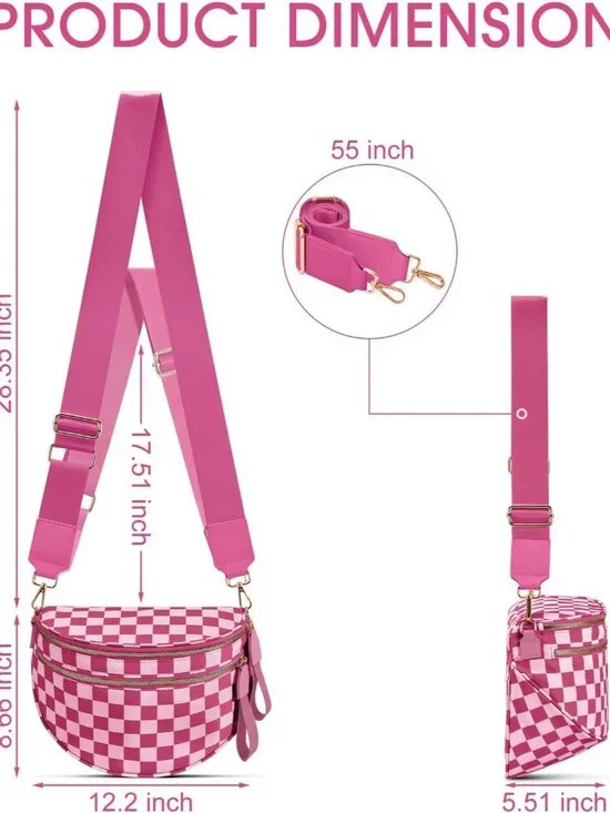 Women's Rose Bum Bag Spacious Nylon Checkered Shoulder Crossbody Bag - Picture 3 of 6